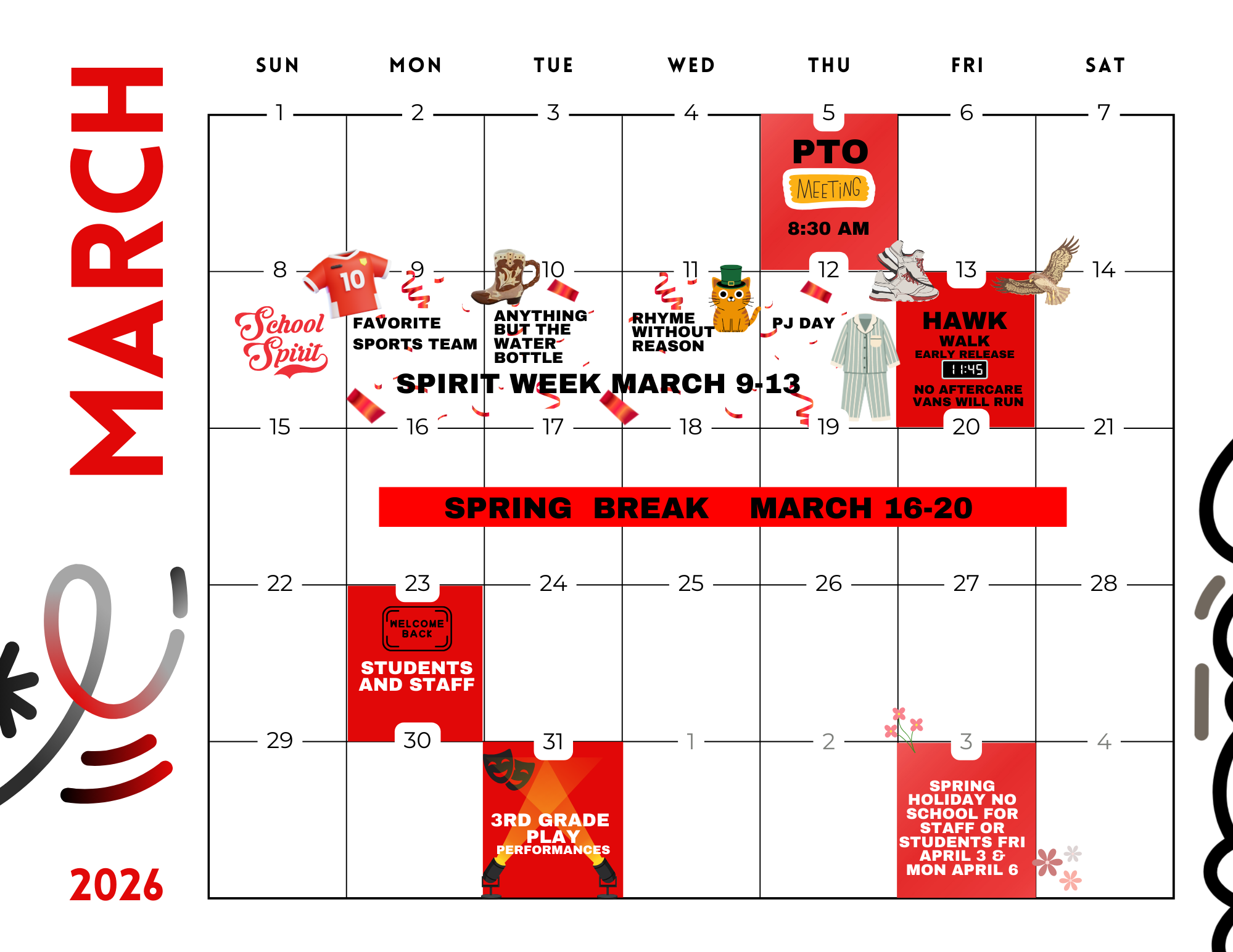 March Visual Calendar for Tampa Day School 2026