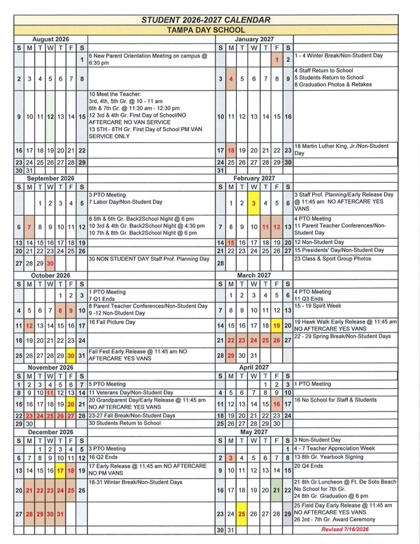 Calendar for 2026-2027